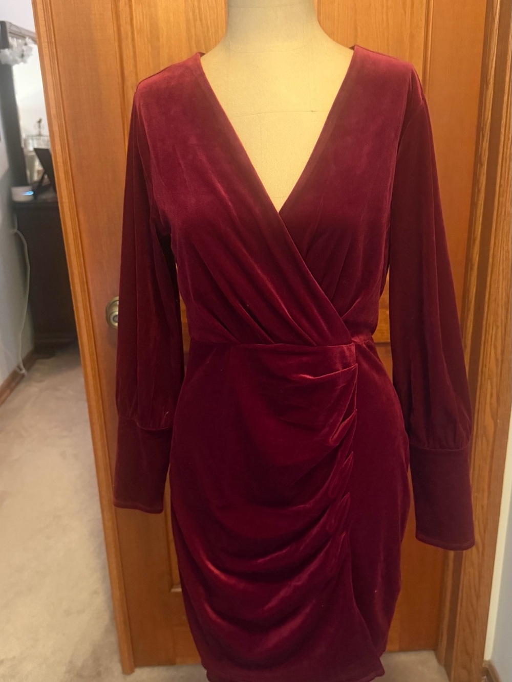 Express Wine Velvet Wrap Ruched Long-Sleeve Dress